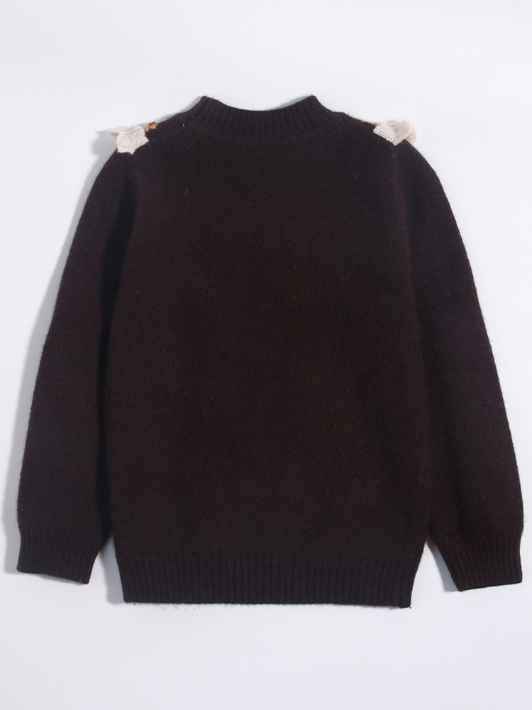 Girls Chocolate Brown Ruffled Floral Yoke Cashmere Sweater